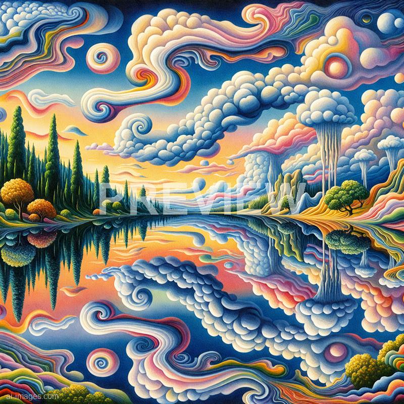 The image depicts a surreal and vibrant landscape featuring a calm body of water that perfectly mirrors the sky and surrounding scenery. The sky is filled with swirling, colorful clouds in shades of pink, blue, and orange, creating a whimsical atmosphere. On the left, tall, dark green cypress trees line the shore, while on the right, rounded trees with lush, green foliage are visible, all contributing to the dreamlike quality of the scene.